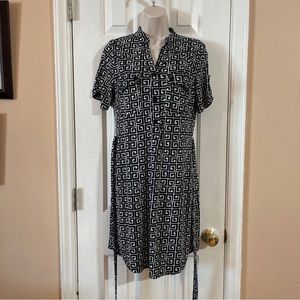 Valerie Bertinelli Black & White Belted Geometric Print Dress Size 6 Pockets